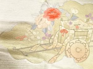 アンティーク　雲取りに御所車・牡丹・萩模様刺繍名古屋帯
